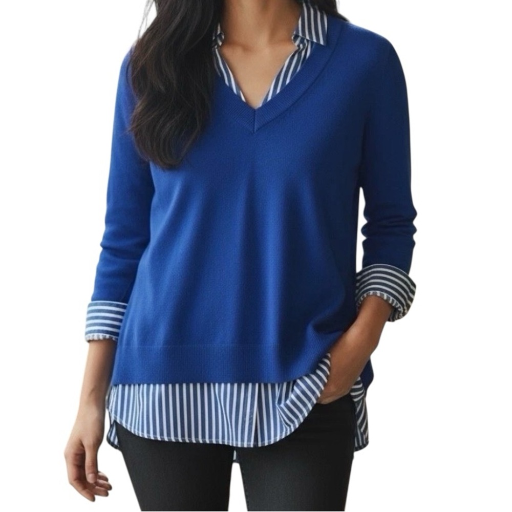 Chico's Built-In Shirt Knit Sweater Blue White Striped Layered Preppy Sz 1 US M